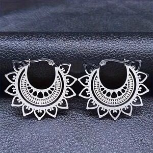 Stainless Steel Boho Earrings‎ Silver Tone Flower Mandala Hoop Earrings